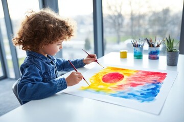 A young child with curly hair paints a vibrant sunset with watercolors, showcasing their artistic talent and creativity.