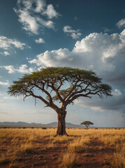 Vast Savanna Landscape with Lone Acacia Tree at Sunset