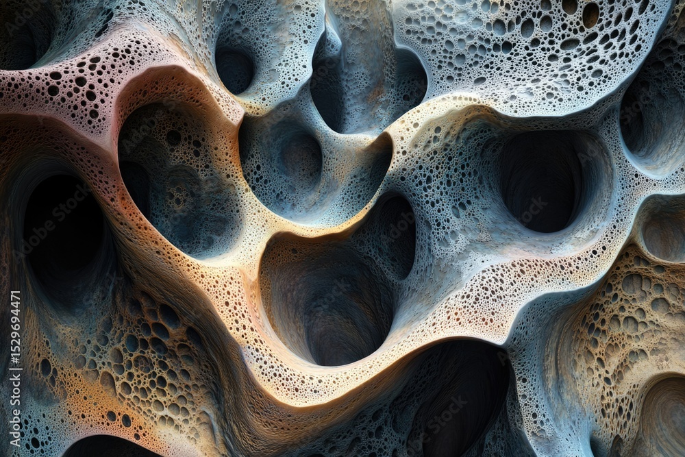 Poster abstract 3d render of a porous, cavernous, stone-like texture with intricate details and a blend of 