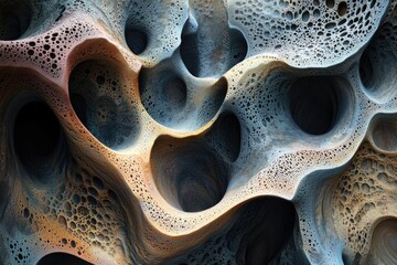 Abstract 3D render of a porous, cavernous, stone-like texture with intricate details and a blend of gray, blue, and orange hues.