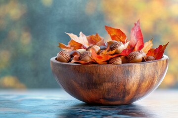 Autumn harvest: A wooden bowl filled with acorns, chestnuts, and vibrant red and orange maple leaves.