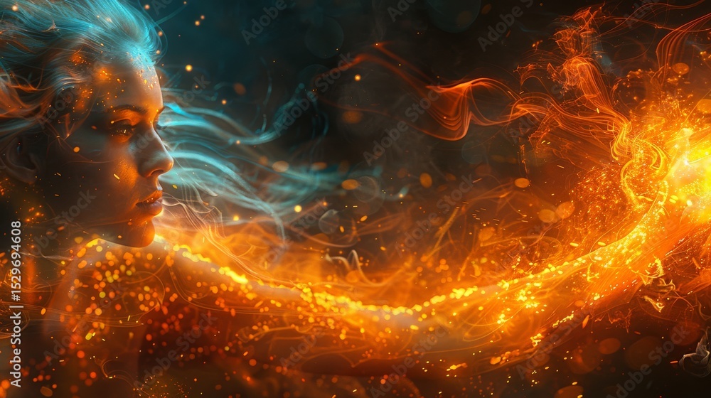 Aufkleber this striking image showcases a woman's profile illuminated by fiery effects, blending elements of m