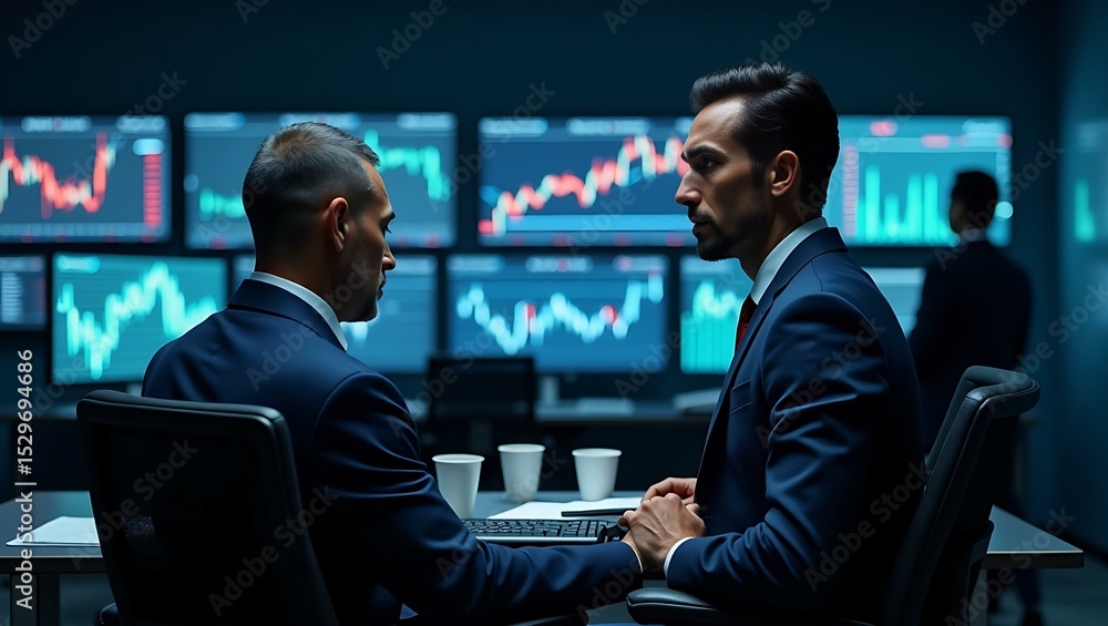 Poster two male traders in suits discussing strategies in a dimly lit office with multiple computer screens