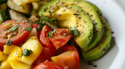 Vibrant Salad Featuring Avocado, Tomatoes, and Mango on White Plate
