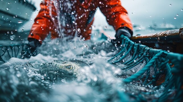 A determined fisherman works diligently on a boat, pulling in a net filled with fish amid splashing waves, embodying the challenges and rewards of maritime life.