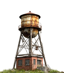 Abandoned water tower urban landscape overgrown environment detailed perspective