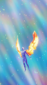 looped 3D animation. A divine angel hovering in the shining astral sky