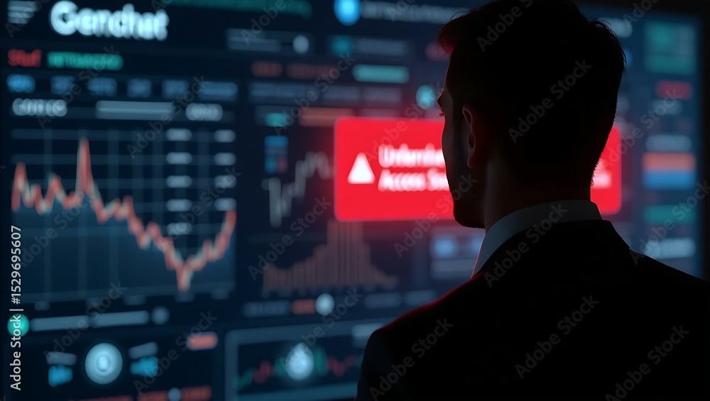 Poster a man in a suit stands in front of a dynamic financial data display, focusing on market trends and a
