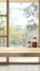 Charming Interior Scene with Colorful Jars on a Wooden Countertop and Blurry Window Background