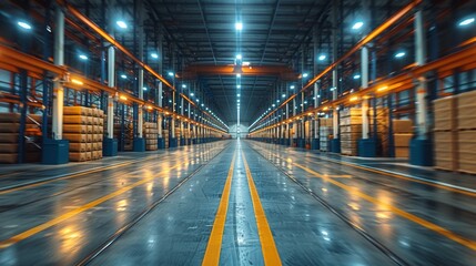 Fototapeta premium A wide, well-lit warehouse interior showcasing neatly stacked pallets on either side, highlighting the organized structure and efficiency of modern industrial storage spaces.
