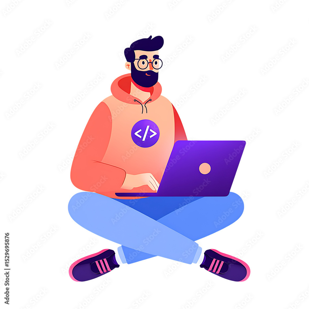 Wall mural bearded programmer working on laptop isolated on transparent background
