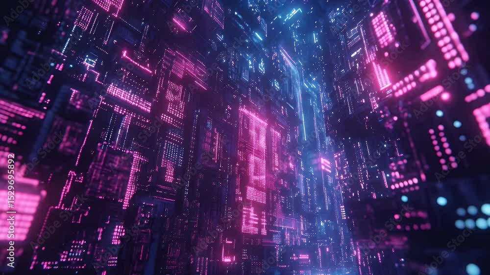 Poster abstract tech scene. pink and blue lights illuminate complex circuitry and interconnected grids