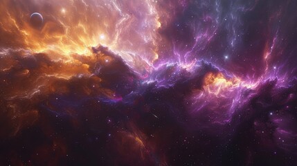 A mesmerizing cosmic cloudscape filled with vibrant fiery colors and swirling galaxies, inviting viewers to explore the beauty and mystery of the universe's expanse.