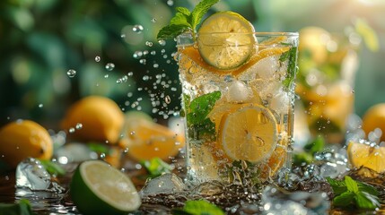 A refreshing glass of lemonade garnished with mint and lemon slices, splashing water droplets capturing the essence of summer and the joy of invigorating beverages.
