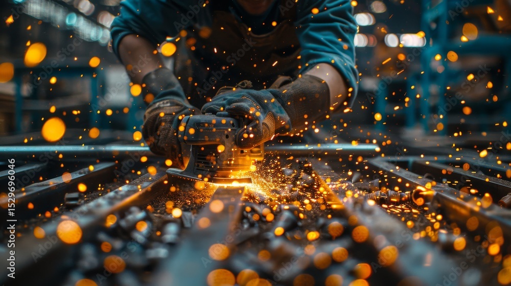 Poster a dynamic image showing a craftsman operating a tool, creating a shower of sparks in a workshop, sym
