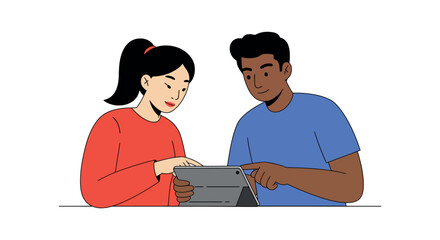 Collaborative learning with friends using tablet technology vector illustration