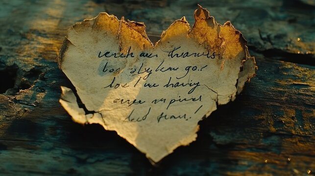 Heart-shaped, aged parchment with cryptic message on weathered wood