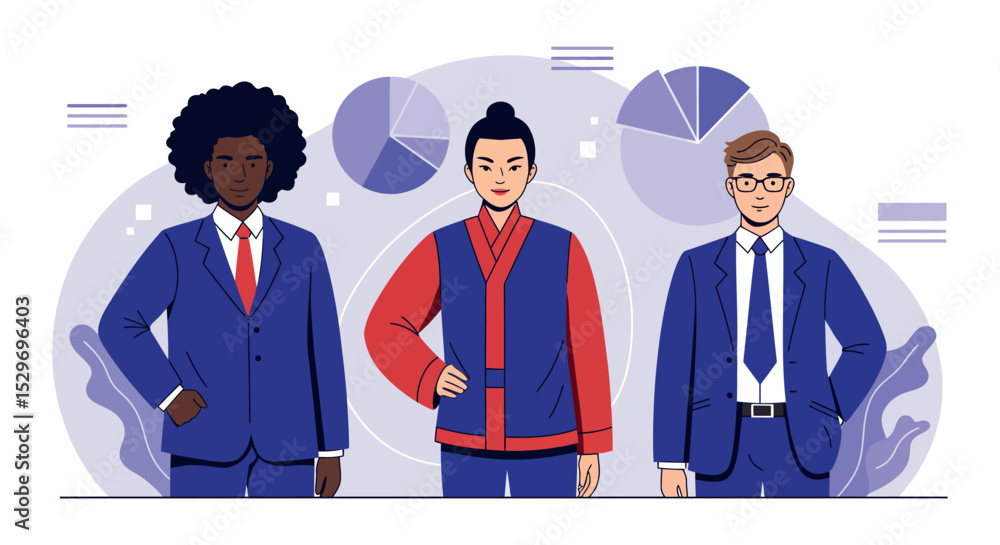 Aufkleber diverse professional teamwork in business attire with data visualization vector illustration