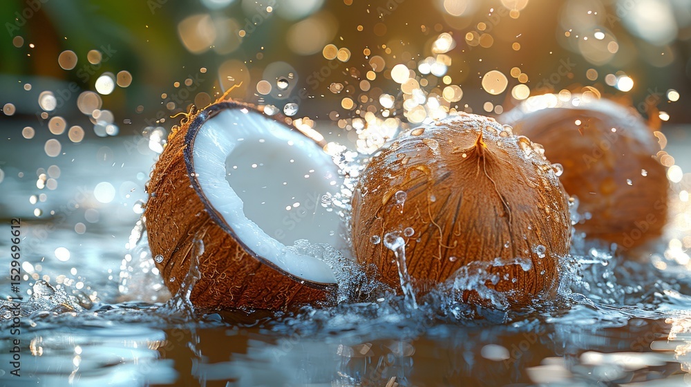 Poster a captivating close-up of broken coconuts splashing in water, creating a dynamic scene that highligh