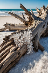 Fototapeta premium Sun-Bleached Driftwood Close-Up with Sparkling Salt Crystals