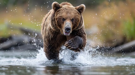 Obraz premium A powerful grizzly bear runs through the water, splashing droplets everywhere as it pursues its target, embodying the beauty and strength of wildlife in nature.
