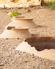 Clay wine vessels embedded in earth beneath wooden shelter at Armaziskhevi site, part of an ancient wine making cellar in Mtskheta region, Georgia