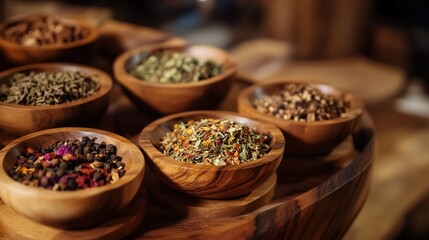 Assortment of aromatic dried herbs and spices in wooden bowls on a tray