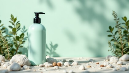 Fototapeta premium minimalist liquid soap dispenser bottle in a nature inspired scene with ocean breeze and pebbled ground, pastel seafoam green color palette, soft shadows, modern branding layout, water splash details
