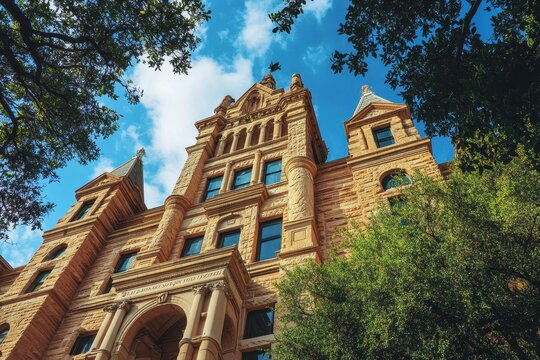 Courthouse Landmark: Tarrant County Courthouse in City Architecture with Tower and Sky Background