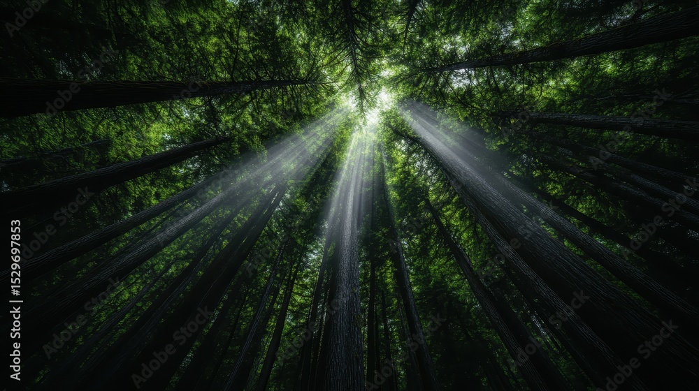 Aufkleber an enchanting view from the forest floor, highlighting lush green trees and sun rays piercing throug