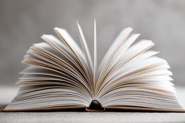 Fototapeta premium Open book with pages fanned out on neutral background, creating sense of knowledge and exploration