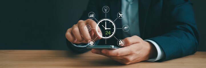 Businessman interacting with a virtual clock on a smartphone.