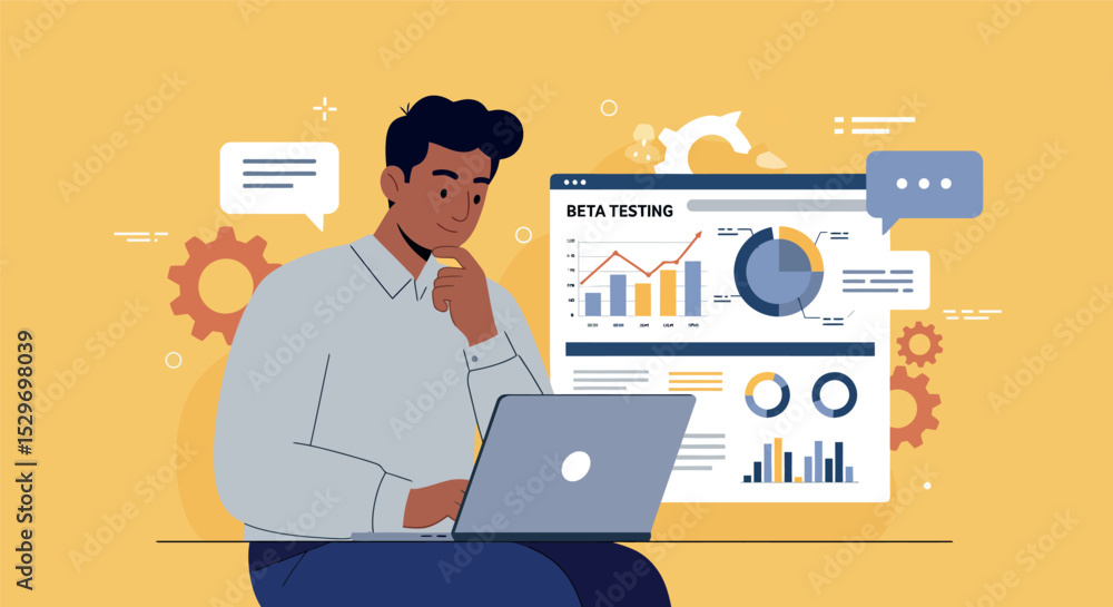 Aufkleber business professional analyzing data for beta testing strategy development vector illustration