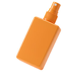 Orange spray on sunscreen container PNG. Unbranded sun spray bottle for skincare concepts isolated. Orange skin care bottle with spray cap for summer themes