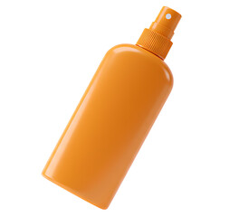 Orange spray on sunscreen container PNG. Unbranded sun spray bottle for skincare concepts isolated. Orange skin care bottle with spray cap for summer themes