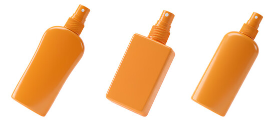 Orange spray on sunscreen container set PNG. Unbranded sun spray bottle for skincare concepts isolated. Orange skin care bottle with spray cap for summer themes