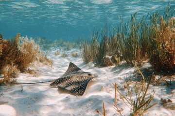 Fototapeta premium Graceful Stingray Gliding Over Seafloor Surrounded by Aquatic Vegetation in Clear Tropical Waters, Capturing Nature's Underwater Serenity and Beauty