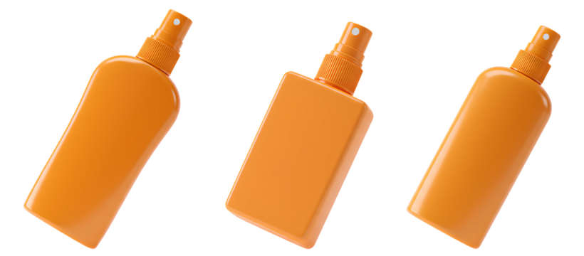 Orange spray on sunscreen container set PNG. Unbranded sun spray bottle for skincare concepts isolated. Orange skin care bottle with spray cap for summer themes