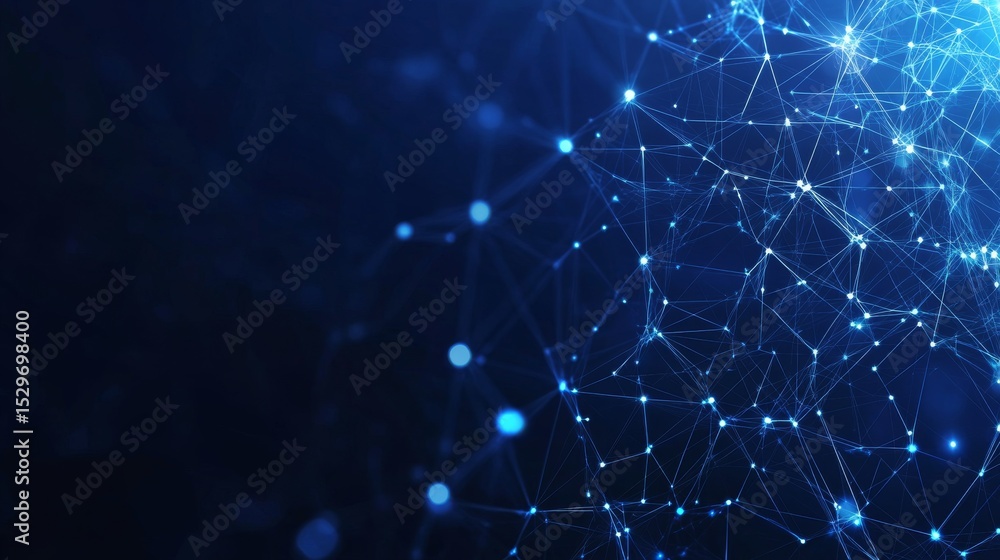 Poster abstract dark blue digital background with glowing lines and dot connections, futuristic network vis