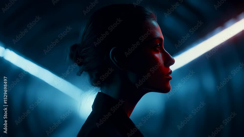 Poster neon illumination transitioning from vibrant red to deep blue, casting dramatic shadows across model