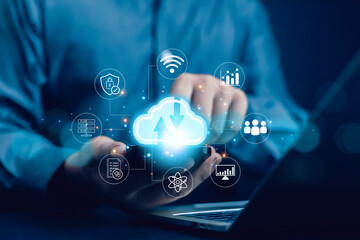 Naklejka premium Cloud computing diagram showing cloud technology infographic icons and hand touch cloud in cloud storage with hand holding cloud technology. Concept of network and internet service.