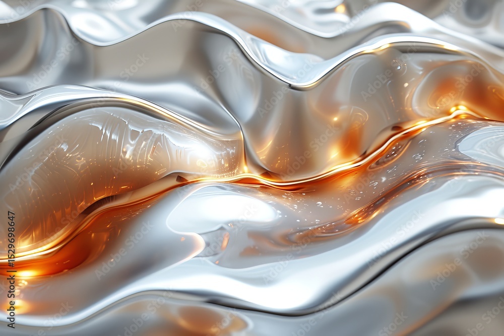 Poster a beautifully abstract depiction of silver waves intertwined with warm glowing tones, creating a mes