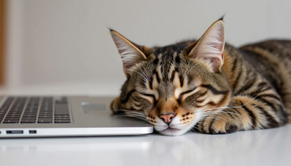 Sleepy cat resting on laptop in cozy indoor setting  