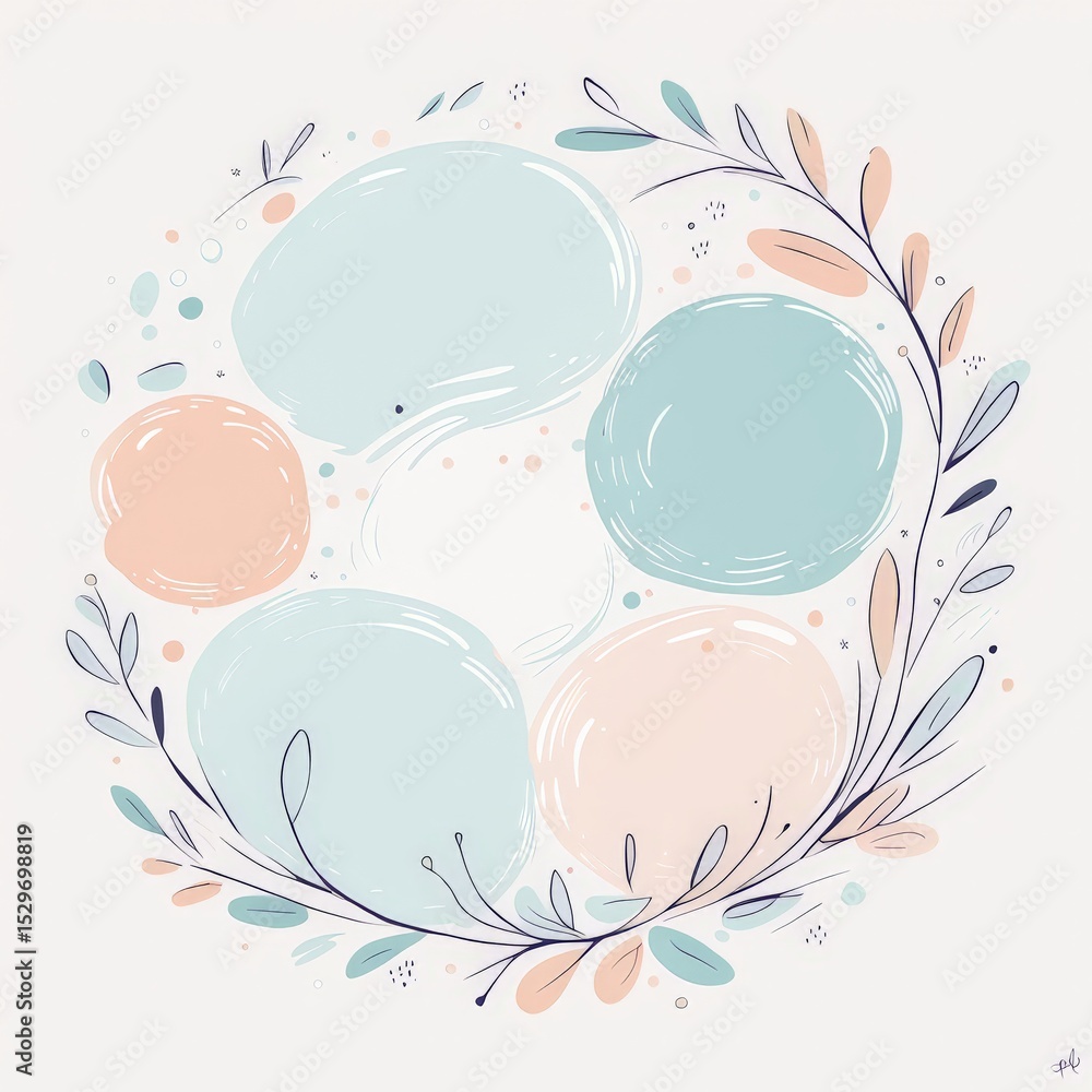 Aufkleber vector set of round pastel colored shape with a frame. abstract background flowers and leaves. hand 