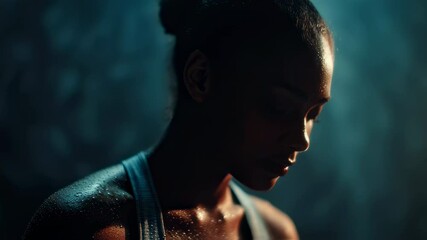 Cinematic close up portraits capture a determined black female athlete, glistening with sweat, taking a breather after an intense training session, showcasing her strength and resilience - Powered by Adobe