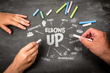 Elbows Up Concept. Illustration with icons, arrows and keywords on a black chalkboard background
