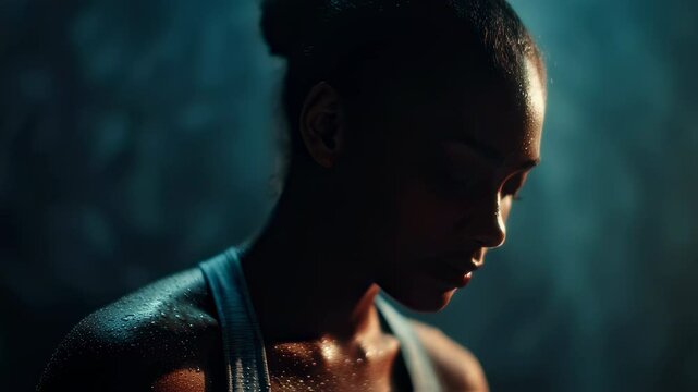 Cinematic close up portraits capture a determined black female athlete, glistening with sweat, taking a breather after an intense training session, showcasing her strength and resilience