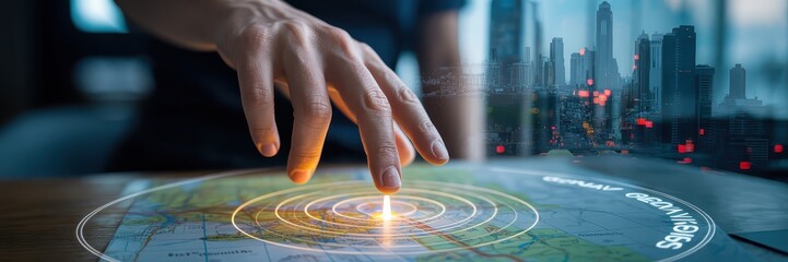 A hand interacts with a digital map overlaying a city view.