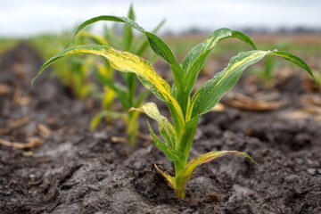 Emerging Corn Plant with Water Droplets on Leaves in Field Row Showing Signs of Nutrient Deficiency and Chlorosis