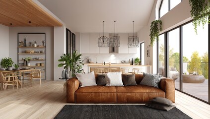 Modern living room design with brown leather sofa and open kitchen interior design concept ideas